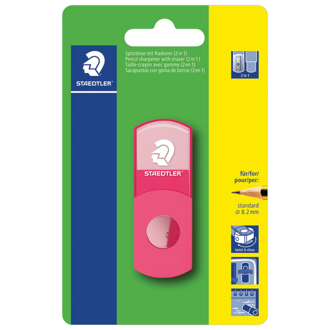 Šiljilo-gumica pvc s pvc kutijom 1rupa Staedtler 511SEF20BK neon roza blister